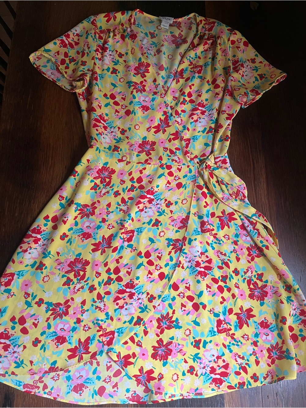Size 4 J. Crew Yellow Floral knee length Wrap Dress with Pink & Red Blooms